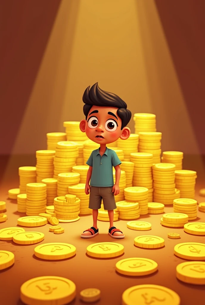 a picture of a cartoon of a man standing in front of a bunch of coins, big budget movie scene, with many gold coins, cartoon still, trending on devianart, animation film still, vijay jayant props, 🪔 🎨;🌞🌄, children's cartoon, accurate depiction, by Jitish Kallat, wealth
