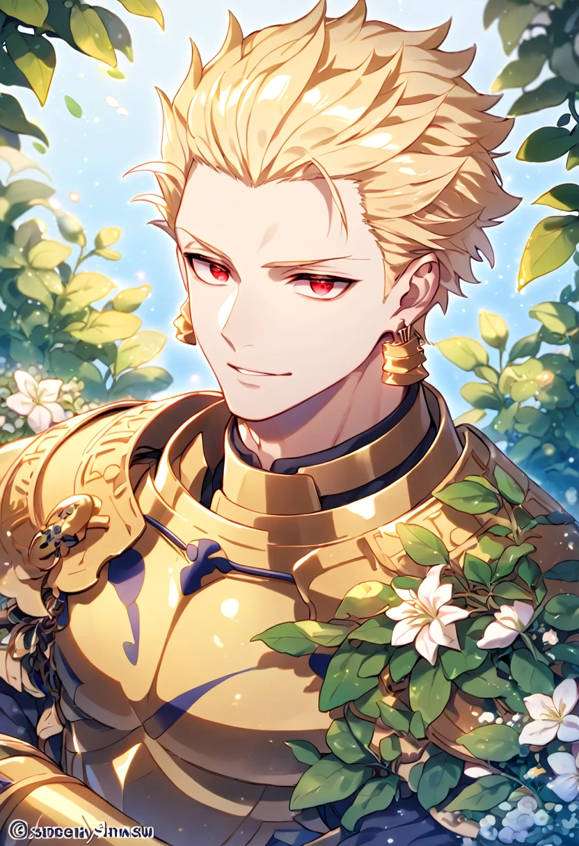 absurdres, highres, ultra detailed, HDR, master piece, best quality, extremely detailed face, delicated features, Gilgamesh, blonde hair, hair slicked up, ruffled hair, expressive red eyes, Fate Stay Night, solo, sexy man, handsome, manly man, golden earrings, golden armor, fantasy, magical, radiant, flowers, garden, blue sky, green leaves