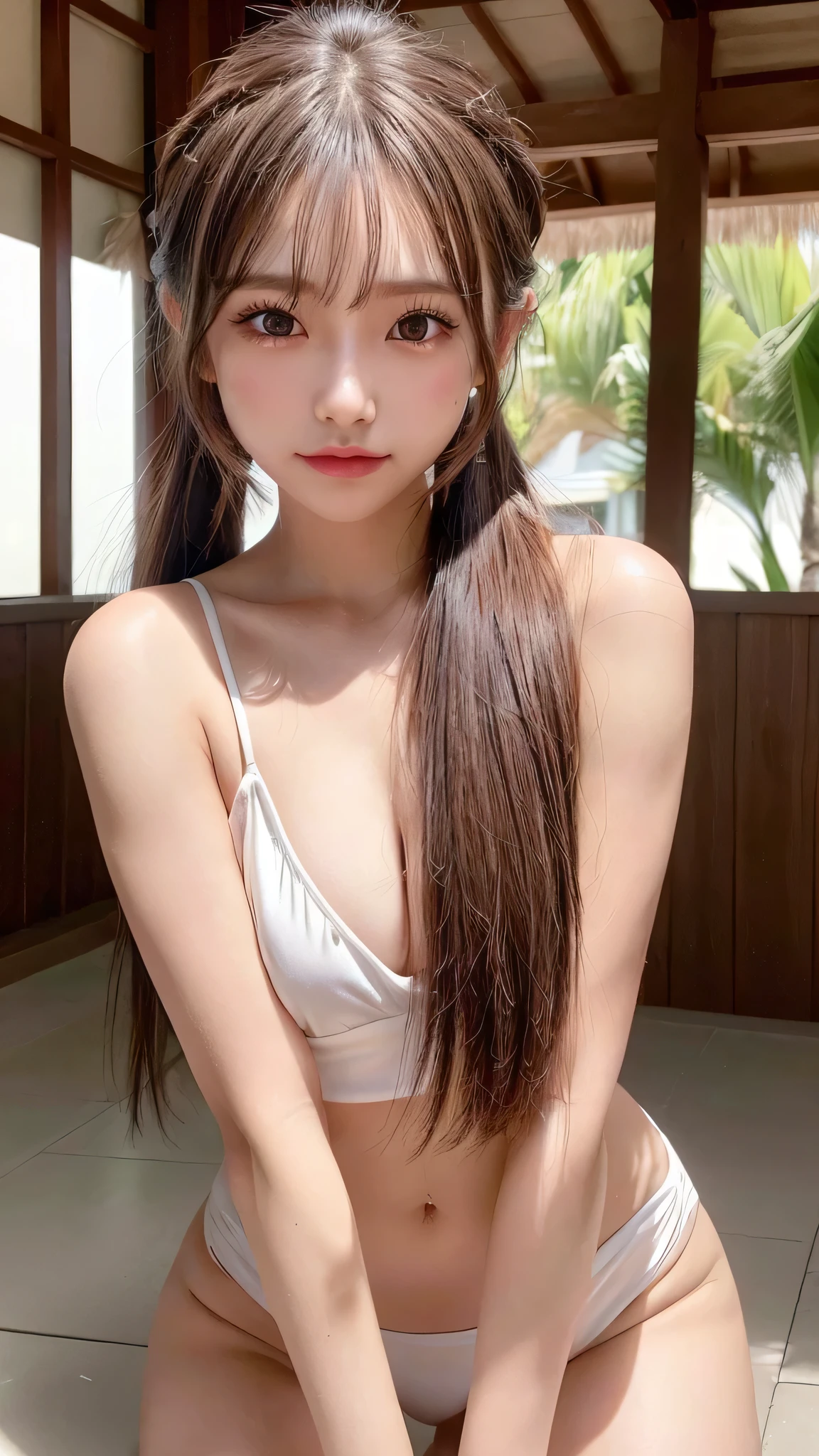 body shot,Outdoor,micro bikini,resort Beach,Ultra-detailed, finely detail, hight resolution, 8K Wallpaper, Perfect dynamic composition, Beautiful detailed eyes,,Close-up of face,,Blushing,Facing forward,Long hair ponytail,((8k, Raw photo, Best Quality, Mastepiece:1.2), (Realism, Photorealistic:1.4), (Highly detailed 8K wallpapers), Depth of written boundary, Cinematic Lighting, Soft Light, Detailed Beauty Eye,Shiny and smooth light brown ponytail, Asymmetrical bangs, Shiny skin, Ultra-detailed skins ,It is high resolution., High detail, Detailed hairstyle, Detailed facial beauty, Hyper-realistic, Perfect limbs, Perfect Anatomy ,1 Japanese girl,Famous Japanese Idols, Perfect female body,A shy smile,Short eyelashes,Double-edged eyelids,Look straight here,Hair style: ponytail,