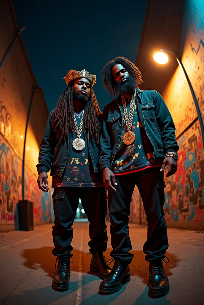 A mesmerizing, 4K ultra-high-resolution photograph of two Atletic , Afroamerican rasta long hair corpulent, corpulent 24 YEARS OLD urban rock music artists, fusing rock and hip-hop styles. The image is captured through a professional fisheye lens, showcasing the artists' hyper-realistic, photorealistic appearance. The performers wear Clothes Dr. Stranger-inspired outfits, with a magical twist, as if they are Masters of Magic. Their intense expressions and poses dominate the scene, while the background highlights the urban rock atmosphere, with graffiti-covered walls and streetlightsClothes Dr. Stranger-inspired outfits