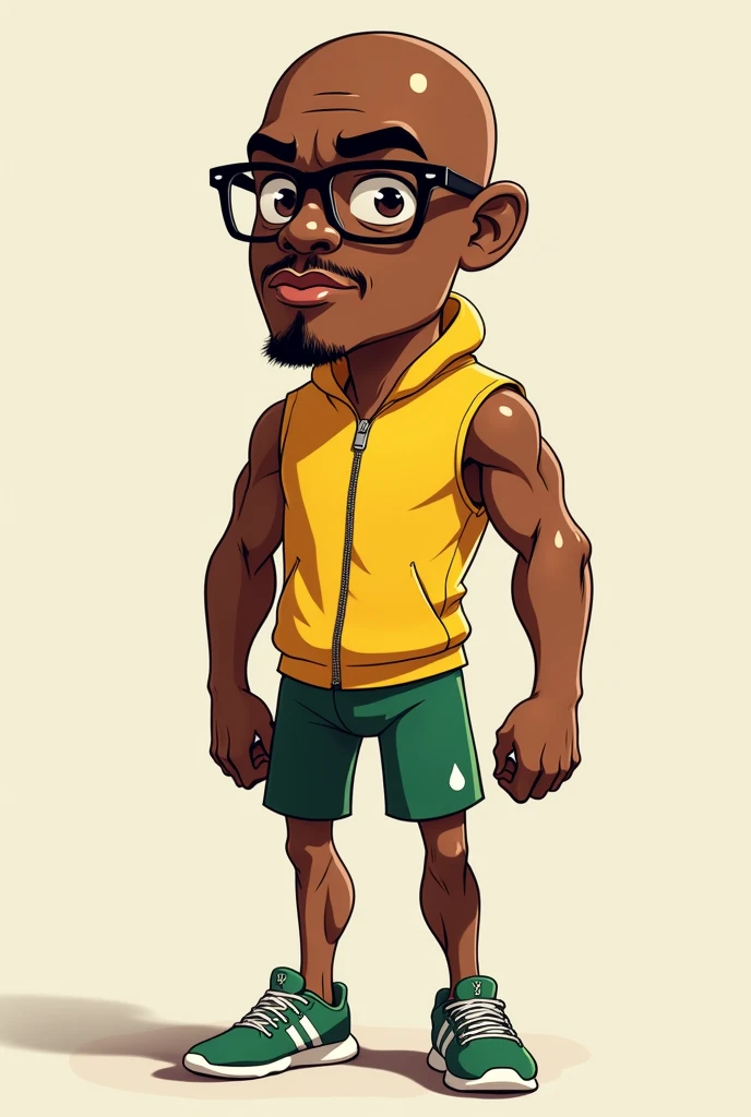 cartoon of a bald man with glasses, without anger, wearing Usain Bolt's clothes