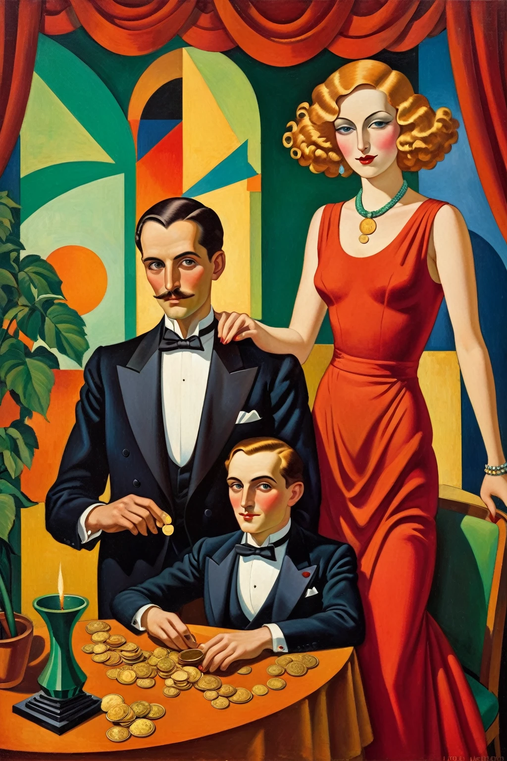 painting of a man and woman sitting at a table with a man in a tuxedo, art deco painting, stylised painting, art deco portrait, by Jean Metzinger, an art deco painting, by Fernand Pelez, art deco illustration, inspired by Moïse Kisling, georgy kurasov, bauhaus style painting, woman with blong hair und curls red dress,a man hold a gold coin of bitcoin