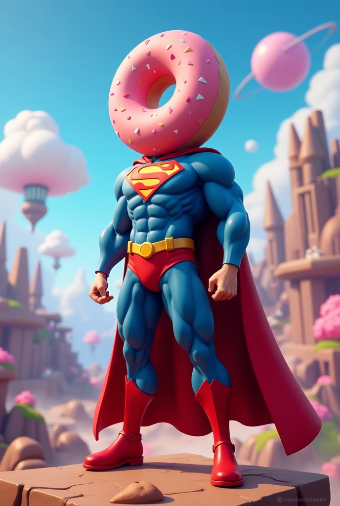 Generate me a character with a donut head and the body of Superman in the Fortnite style