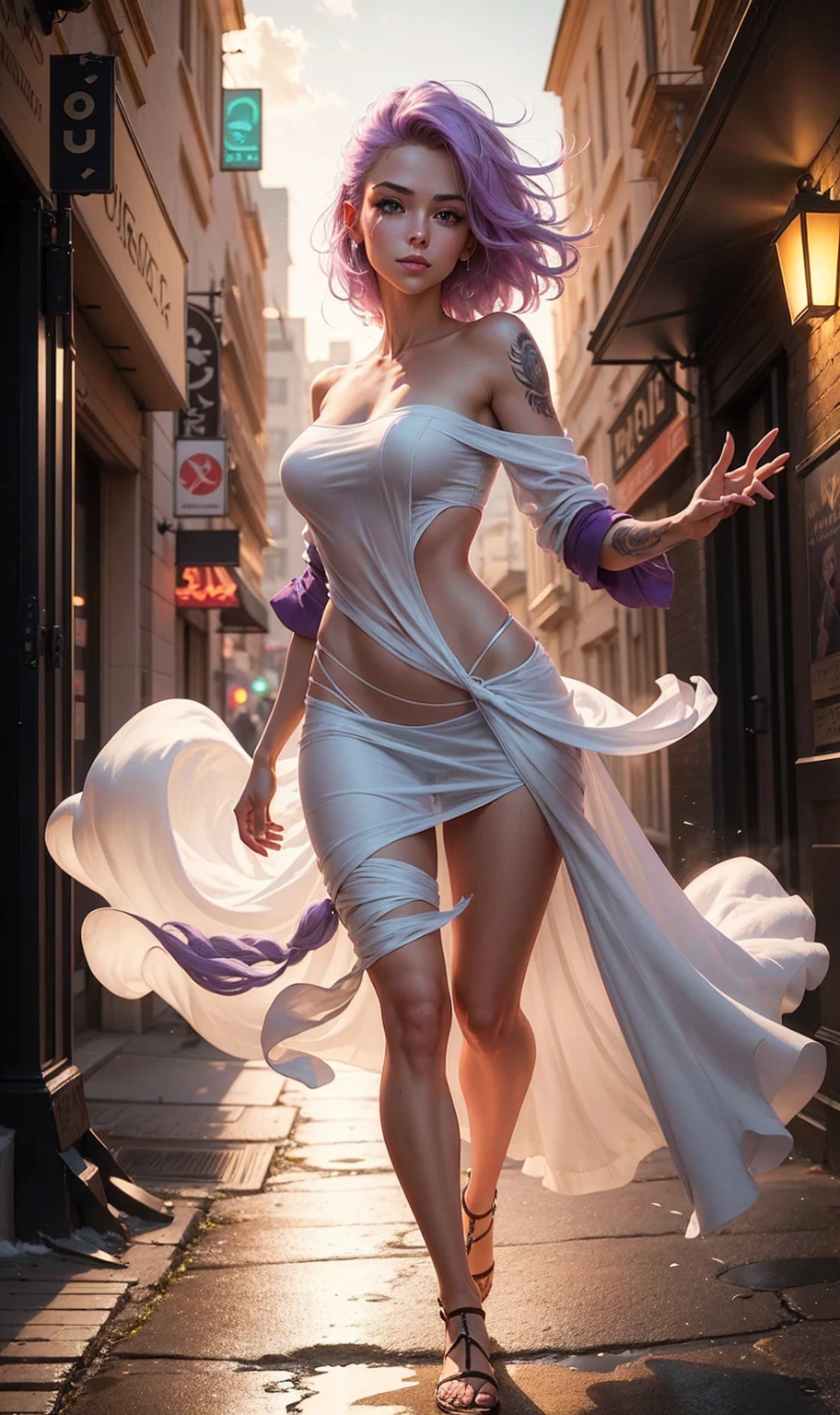 real-life, full length portrait of a young girl, 20 years old. perfectbody, realistic perfectbody composition, light purple hair swaying in the wind, body soaking wet, waterfall scene. Beautiful perfect realistic green eyes, charming smile, compose the most beautiful perfect face in the world overall, meticulously detailed hand-painted with the highest quality image. skin fair, good looking, tattoo art, 2cm liquid acrylic sexy sexy clothing, warm dreamy light, Volumetric Light, adventure style pulp, dynamic gradient, true color, Illustration Graphics, vector curves highly detailed, Simpler, Soft and clean, vectorial art, Soft, design of character, movie theater, Surrealism, cartazes, collection of masterpieces, sunset, wet pigment. high quality of image, meticulous detail, perfect realistic work real people. Beautiful perfectly realistic hands and fingers. Highest quality virtual images. DUCKED WIRE MAY, low-cut