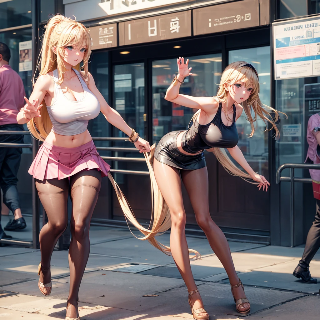 Solo, 1girl, futanari, Early 30s, long blonde hair, large heavy breasts, slender build, pink tank top (braless), short leather skirt, pantyhose, dynamic pose, futanari
