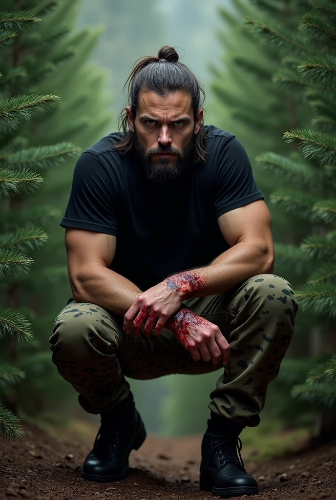 Create a realistic photo of a somewhat athletic man in a black short sleeve shirt, and military print pants. He has medium length hair tied up and loose and light green eyes., your face has a murderous expression. sem beard. He wears black military boots and has a tactical knife strapped to his leg.. He is in a pine forest and his hands are Stained with blood
