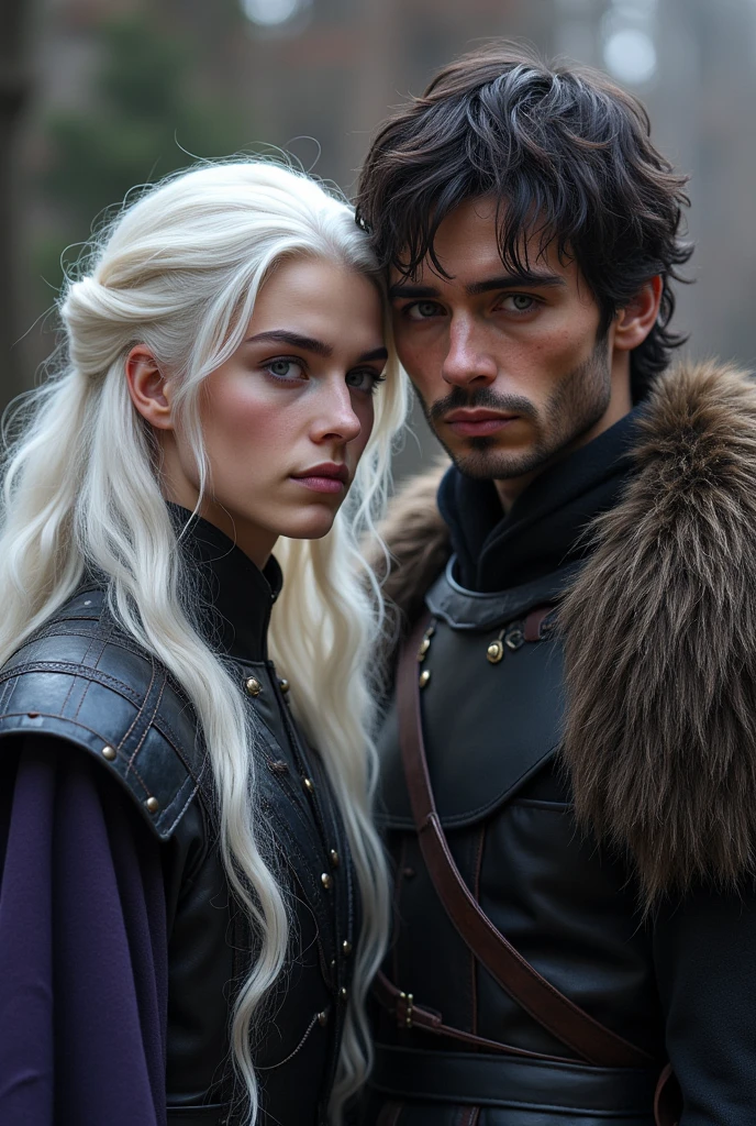 2 males, 1 male,beauty, white long hair, eyes lilac, and, 1 male, high, short hair, brown skin, game of thrones.
