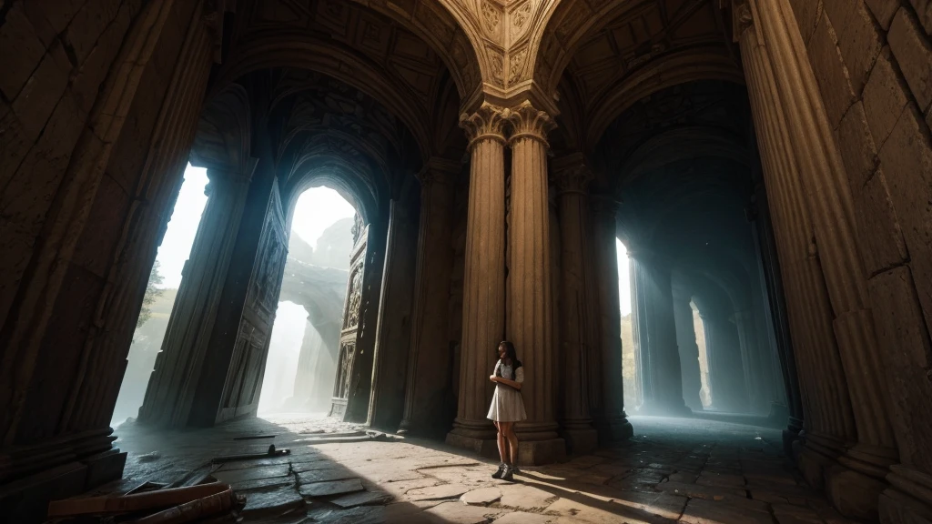 Anya, a intrepid explorer, stands in awe before a colossal, ancient doorway that has been hidden for millennia. Dust particles dance in the beam of light that filters through a crack in the ceiling, illuminating the intricate carvings adorning the walls.