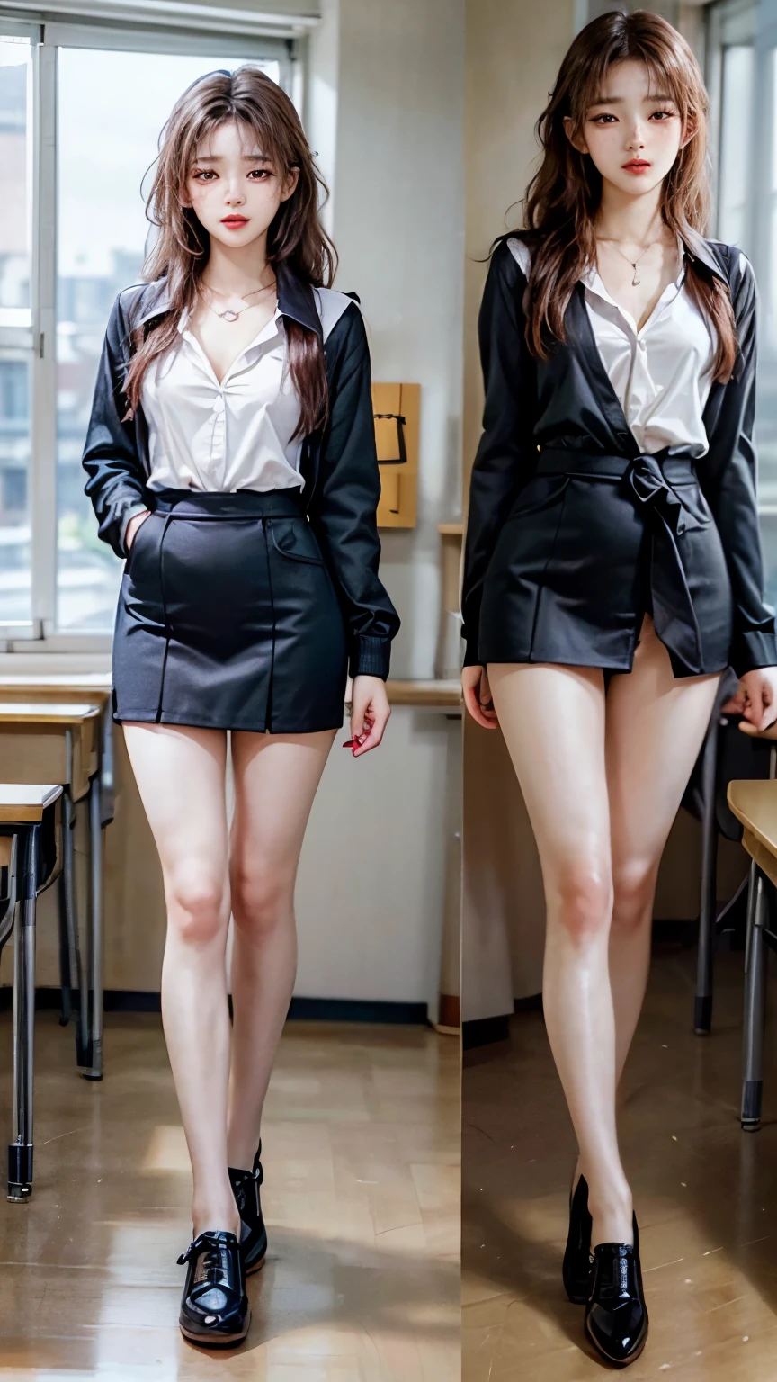 (masterpiece: 1.3), (Maximum resolution: 1.2), (Ultra HD TV: 1.2), Cinema Lights, Ultra HD TV, (Detailed eyes and skin), (Detailed facial features), High resolution, 8k resolution, Sharp focus: 1.2,(Full Body Shot: 1.2), Perfect Style, Beautiful Face, Accurate, Anatomically correct, Very detailedな顔と肌の質感, Detailed eyes, Brown eyes, double eyelid, Thin eyebrows, Glitter Eyeliner: 1.2, Natural Cheeks, Glowing Skin, Fair skin: 1.2, Shiny little necklace and earrings, (Glossy Lips: 1.4), break, First Person View, Wearing a high school uniform, (Fascinating face: 1.2), Pure and cute girl, (High ponytail, Wavy Hair, Black hair and some colored hair, Diagonal bangs),Black Loafers,Short navy blue socks that reach to the ankles, Medium Long Hair, Photographing the whole body from below, ((Stand up straight with your legs together)), Focus on the face, ((Very close relationship: 1.2)), (Medium large breasts), (((In the classroom: 1.2)), ((Standing in a school classroom:1.4)), (Look at me)), (turn the whole body forward:1.2),(Slim figure),(Long legs),(Thin legs),Long hands,Thin hands,tall,((Height 173cm)),(Slim and muscular athletics body type),Slim yet muscular legs,Thin thighs,long thighs,(((High skin exposure))),((Bare legs)),((Anatomically correct)),high quality, masterpiece, Very detailed, High resolution, 4K, 超High resolution,((A girl who looks just like WONYOUNG from the Korean idol group IVE:1.8)),Age: 18, ((No pants)), ((Erect nipples and areolae clearly detailed)),Toned thighs,Toned Legs,((Detailed reproduction of the pussy crack)),,Bold erotic pose,((Detailed reproduction of the pussy crack)),((Anatomically correct:1.5)),Small Ass,超細くて超Long legs、細くてLong hands,((超Thin thighs)),((Erect nipples and areolae clearly detailed)),(((Bare legs:1.3))),(Small Ass),beautiful girl,cute,Tight waist,Detailed reproduction of the crotch area,(((No tights:1.2))),(((Photograph the whole body:1.9))),Inseam is half the height,超Thin thighs