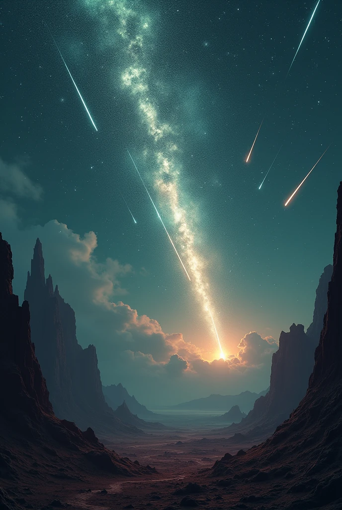 Meteor shower in a desolate alien landscape