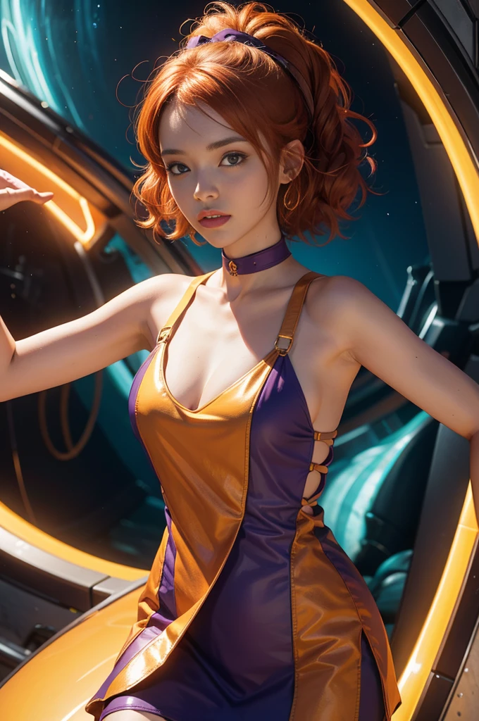 concept art, overhead angle of a Will-o'-the-wisp, wearing Funny Somali Emerald deep orange Pinafore, Caramel hair styled as Short hair, fluorescent purple Hair tie, equirectangular 360, Highres,  [(art by Willi Baumeister:1.1), (art by John T. Biggers:1.2)::17], official art, unity 8k wallpaper, ultra detailed, aesthetic, masterpiece, best quality, photorealistic