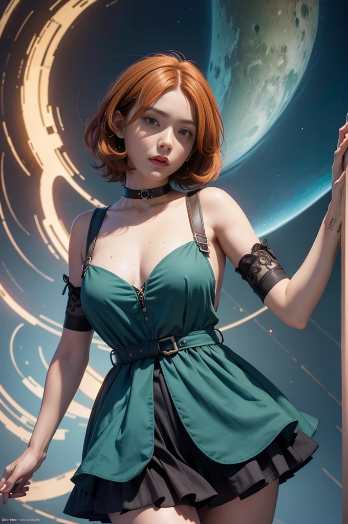 concept art, overhead angle of a Will-o'-the-wisp, wearing Funny Somali Emerald deep orange Pinafore, Caramel hair styled as Short hair, fluorescent purple Hair tie, equirectangular 360, Highres,  [(art by Willi Baumeister:1.1), (art by John T. Biggers:1.2)::17], official art, unity 8k wallpaper, ultra detailed, aesthetic, masterpiece, best quality, photorealistic