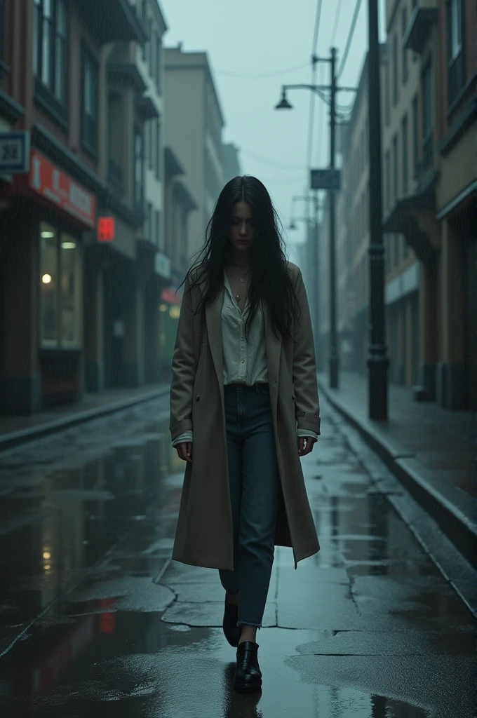 Sad lady walking street in raining day
