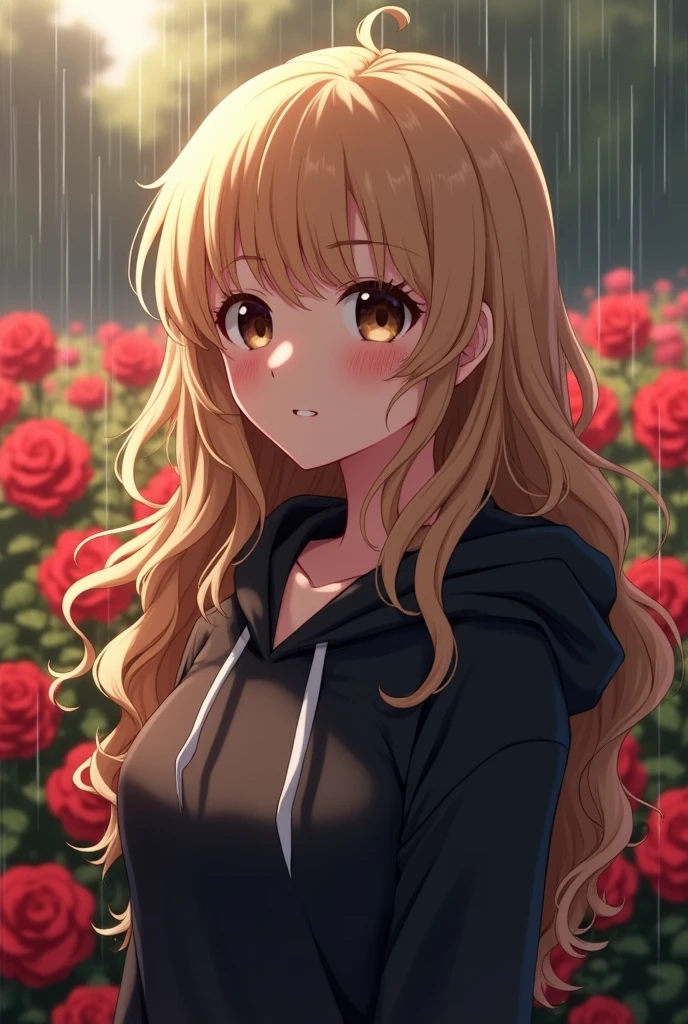 Anime woman, long curly blonde hair, very dark brown eyes, in a rose garden, wearing a black hoodie, raining
