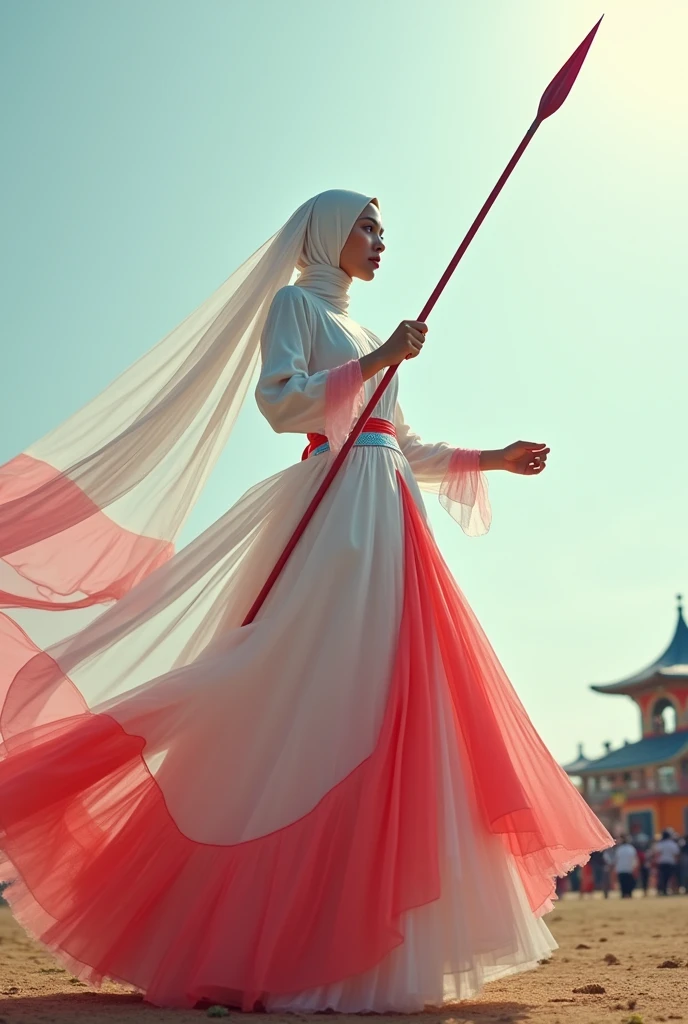 Muslim woman wearing a dress made of used plastic, soft transparent red and white colour with red and white, with wings like Indonesian garuda, elegant minimalist clasik design, wearing a white long skirt with red and blue straight line pattern, carnival event, very realistic, very realistic, (complex detail: 0.9), (hdr, hyperdetail: 1.2), RAW, Sony Alpha a9 II, 24-105mm f/4, HDR, holding a spear, flaying in the sky,