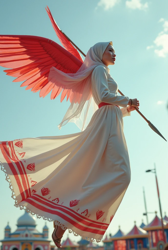 Tree Muslim woman wearing a dress made of used plastic, soft transparent red and white colour with red and white, with wings like Indonesian garuda, elegant minimalist clasik design, wearing a white long skirt with red and blue straight line pattern, flying, on top of cloud, very realistic, center, very realistic, (complex detail: 0.9), (hdr, hyperdetail: 1.2), RAW, Sony Alpha a9 II, 24-105mm f/4, HDR, holding a spear,