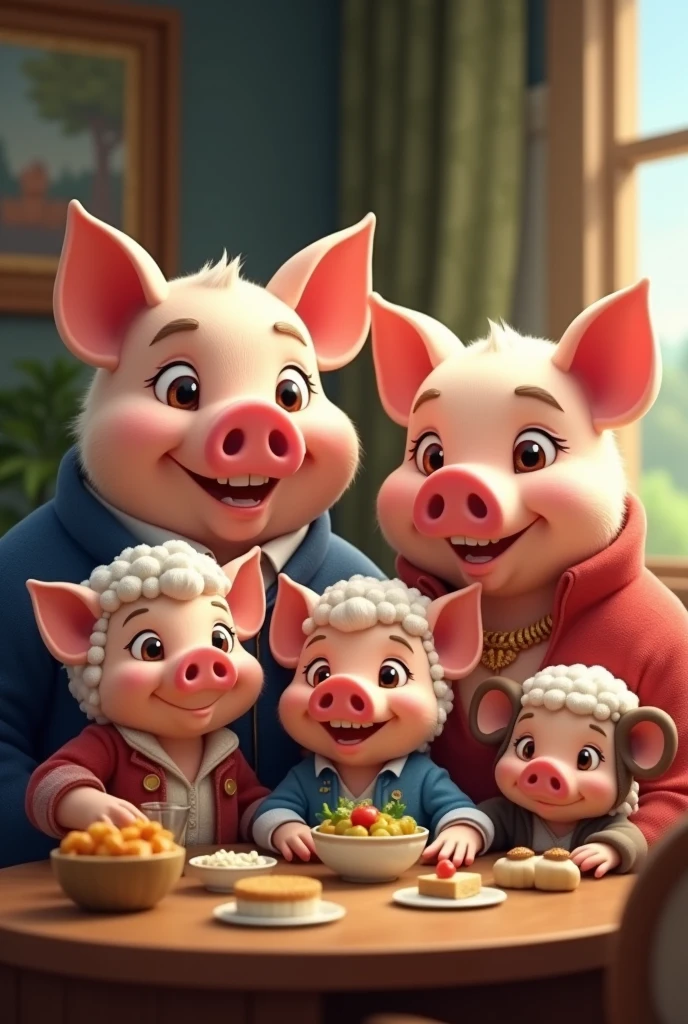 Daddy is pig
Mommy is pig
Oldest Son is sheep
Youngest son is monkey
They are happy healthy
rich family