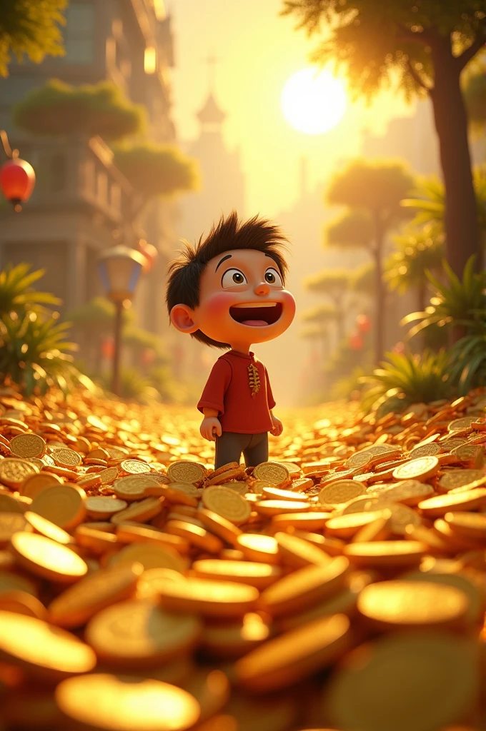 a picture of a cartoon of a man standing in front of a bunch of coins, big budget movie scene, with many gold coins, cartoon still, trending on devianart, animation film still, vijay jayant props, 🪔 🎨;🌞🌄, children's cartoon, accurate depiction, by Jitish Kallat, wealth, by Sardar Sobha Singh