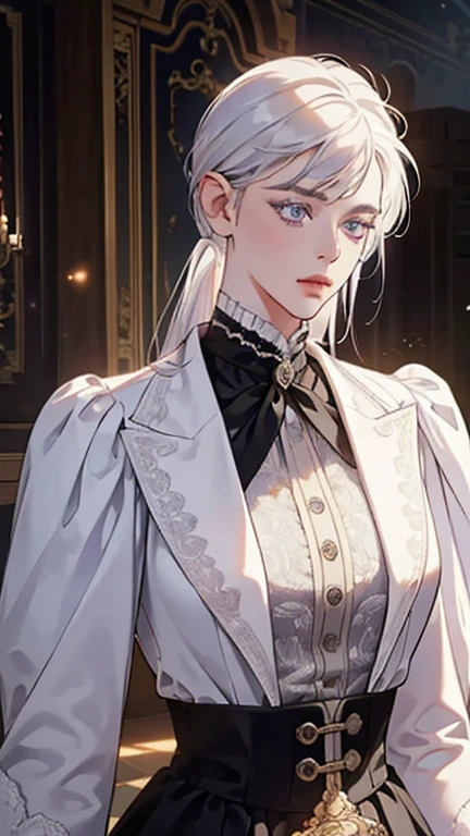 a determined victorian era woman, early 30's, scientist, pristine white labcoat, white clothes, writing, straight white hair, striking purple eyes, side-swept bangs, wearing a monocle, long black gloves, skirt, long black boots detailed realistic portrait, photorealistic, hyperrealistic, 8k, detailed clothing, beautiful detailed eyes, beautiful detailed lips, extremely detailed face, intricate ornate details, cinematic lighting, dramatic shadows, warm color tones, natural lighting, highly detailed, masterpiece, artstation, sharp focus, hyper detailed, full body