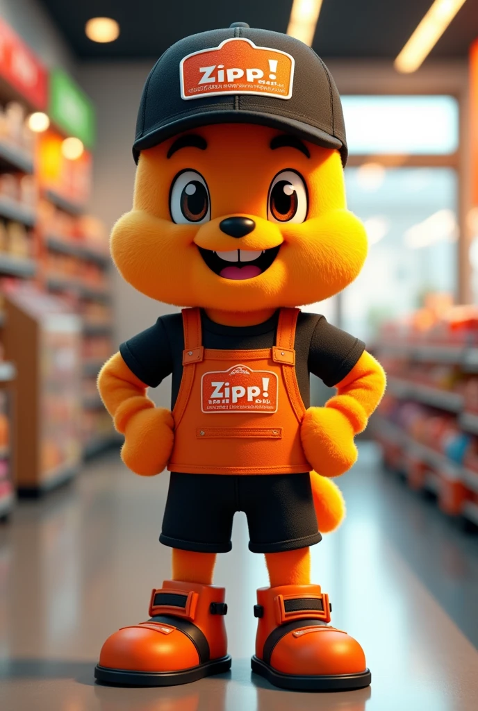 Give me a mascot for a convenience store. The store's name is ZIPIP! EXPRESS scores are orange and black he has to be charismatic cheerful and Clean