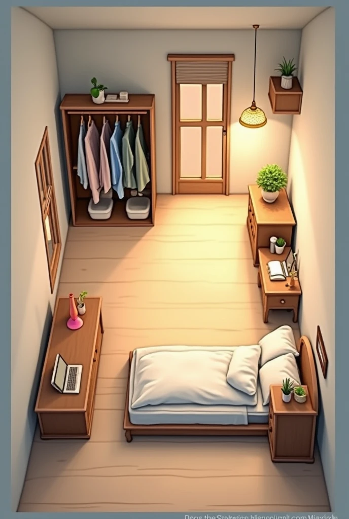 How to organize a room that is 4 meters long and 1 and a half meters wide if I have a 1 meter closet, a one meter dressing table, a 1 meter 40 centimeter bed and a 1 meter table. Create an image