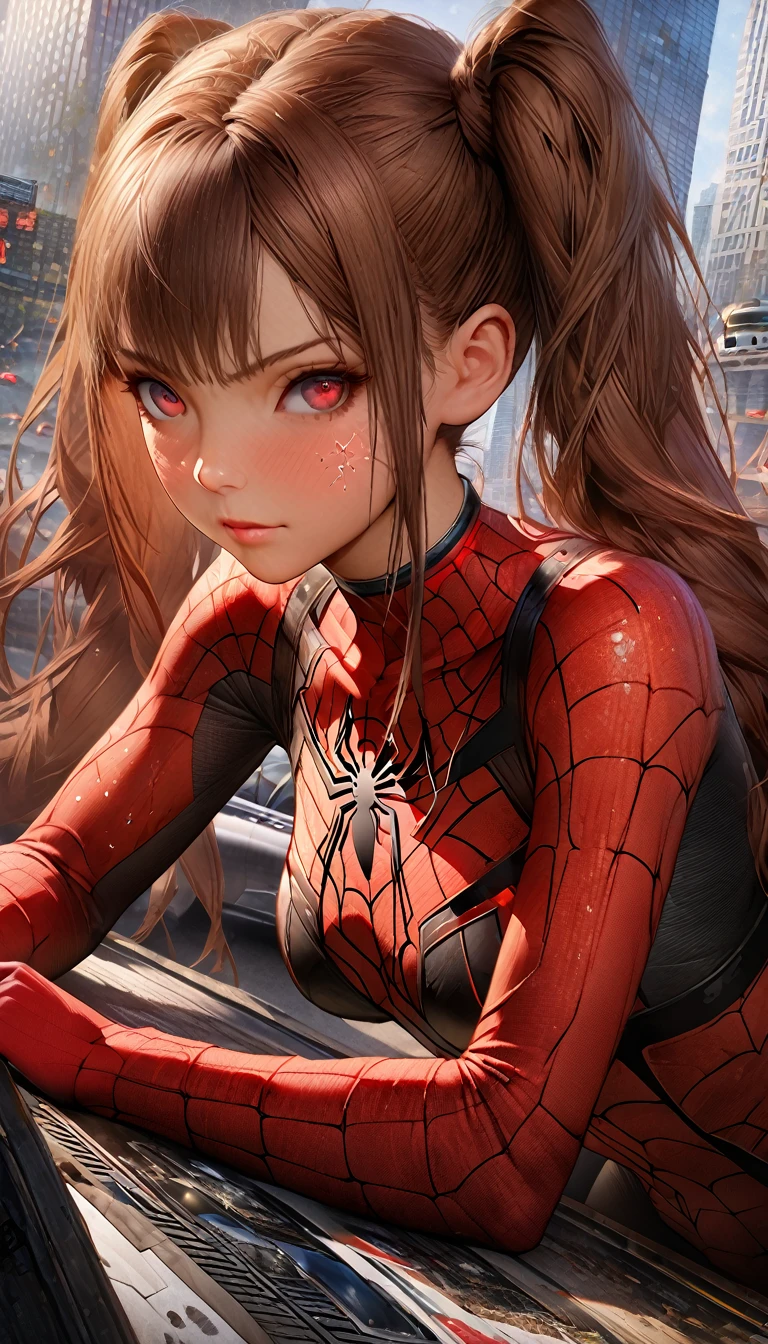 (masterpiece, Highest quality), Intricate details, 8k, Art Station, wallpaper, Official Art, Splash Art, Sharp focus,, One girl, Long Hair, Twin tails, Red eyes, Brown Hair, ,  Spider Suit, spiderweb printing, spiderweb,  , skyscraper, city, building, car, street, (Realistic skin texture:1.3), rtrophto1