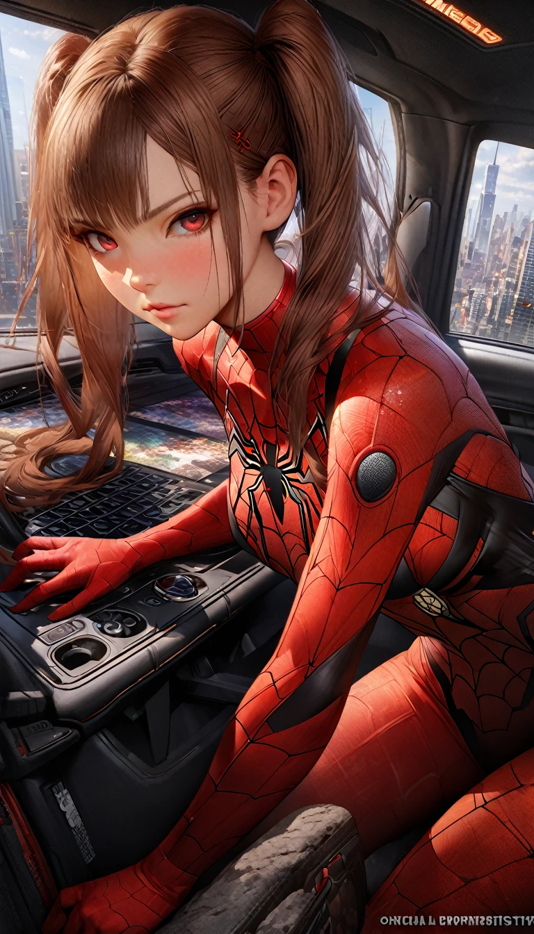 (masterpiece, Highest quality), Intricate details, 8k, Art Station, wallpaper, Official Art, Splash Art, Sharp focus,, One girl, Long Hair, Twin tails, Red eyes, Brown Hair, , Spider Suit, spiderweb printing, spiderweb, , skyscraper, city, building, car, street, (Realistic skin texture:1.3), rtrophto1
