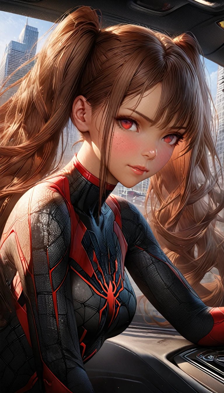 (masterpiece, Highest quality), Intricate details, 8k, Art Station, wallpaper, Official Art, Splash Art, Sharp focus,, One girl, Long Hair, Twin tails, Red eyes, Brown Hair, ,  Spider Suit, spiderweb printing, spiderweb,  , skyscraper, city, building, car, street, (Realistic skin texture:1.3), rtrophto1