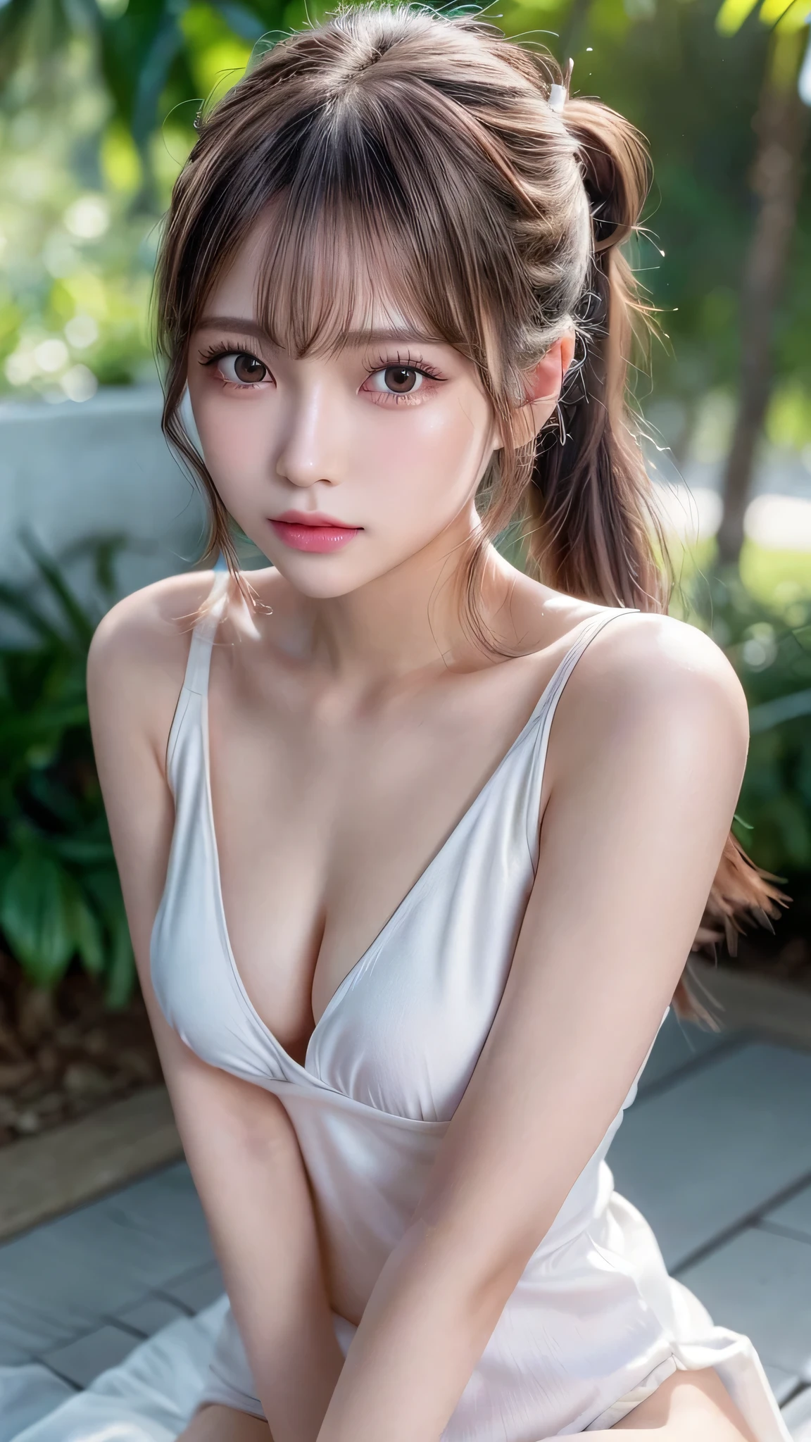 body shot,Outdoor,micro bikini,resort Beach,Ultra-detailed, finely detail, hight resolution, 8K Wallpaper, Perfect dynamic composition, Beautiful detailed eyes,,Close-up of face,,Blushing,Facing forward,Long hair ponytail,((8k, Raw photo, Best Quality, Mastepiece:1.2), (Realism, Photorealistic:1.4), (Highly detailed 8K wallpapers), Depth of written boundary, Cinematic Lighting, Soft Light, Detailed Beauty Eye,Shiny and smooth light brown ponytail, Asymmetrical bangs, Shiny skin, Ultra-detailed skins ,It is high resolution., High detail, Detailed hairstyle, Detailed facial beauty, Hyper-realistic, Perfect limbs, Perfect Anatomy ,1 Japanese girl,Famous Japanese Idols, Perfect female body,A shy smile,Short eyelashes,Double-edged eyelids,Look straight here,Hair style: ponytail,
