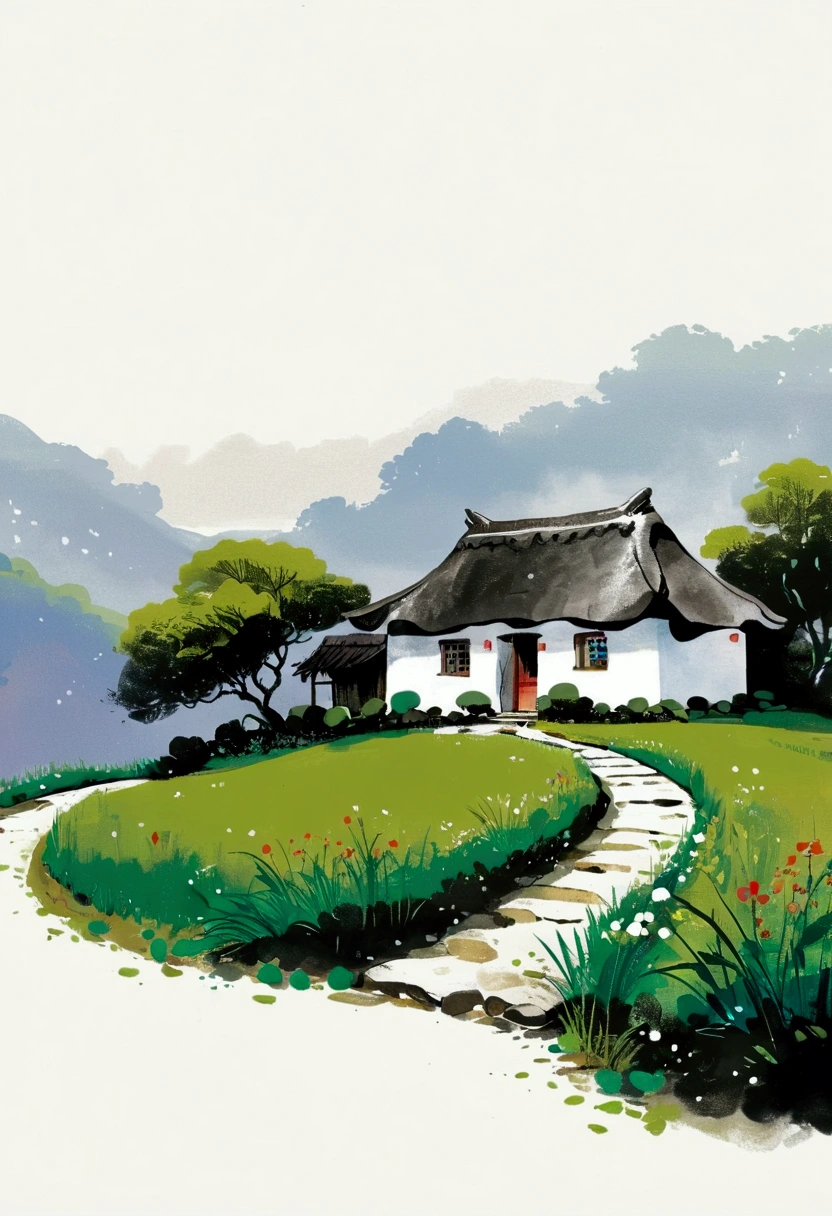 Sky占比2/3.Chinese Ink Painting Sketch：Peaceful and Freehand，artistic conception:2.Dot，A thatched cottage on a winding path，Minimalism，White background。(((Negative Space:2,Large area of blank:2, Bottom left corner composition)))