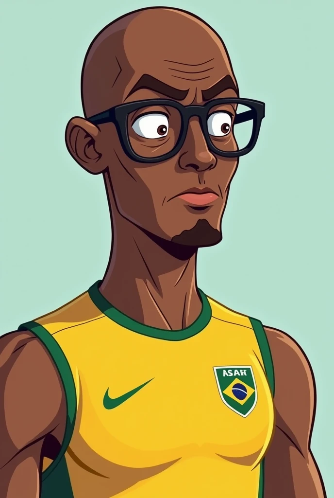 cartoon of a bald white man wearing glasses, without anger, wearing Usain Bolt's clothes