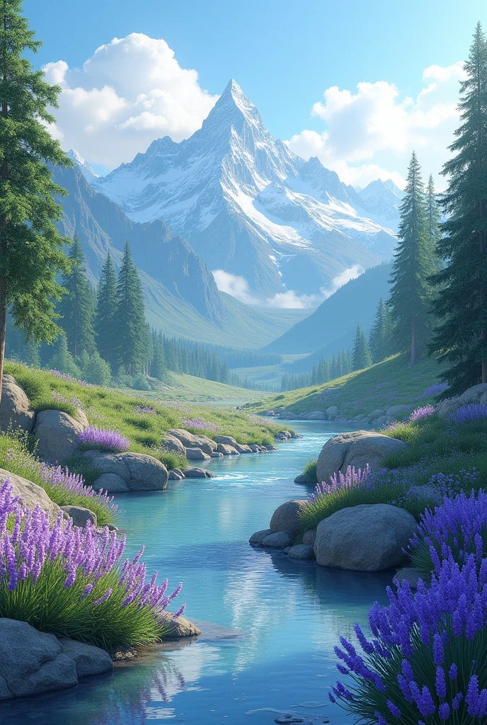 Mountains with small water stream with lavender flowers