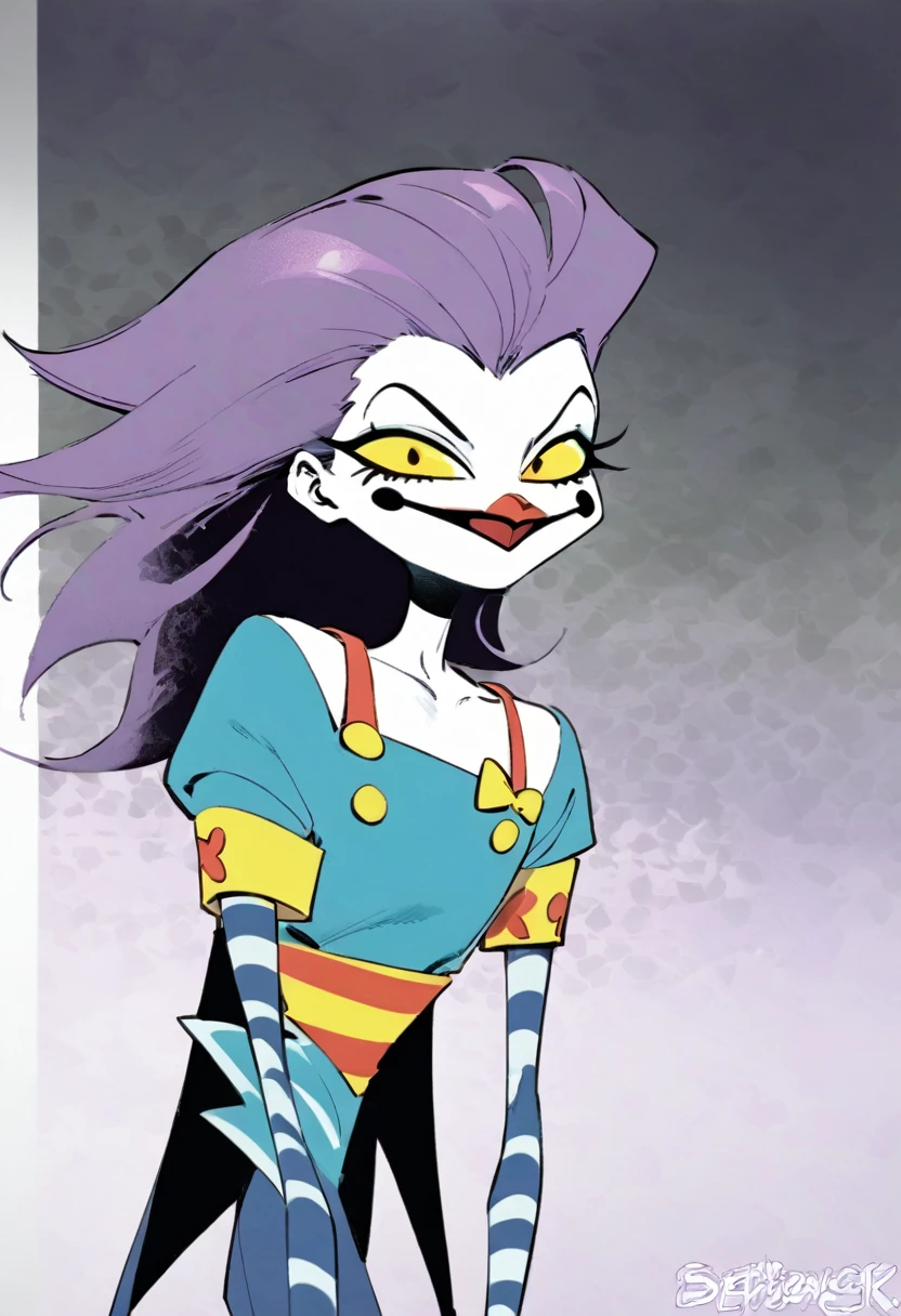 Slapstick,a cartoon Marvel Comics character,femboy,skinny,long hair,purple hair,androgynous,male focus,flat chest,white pale skin,toon,yellow eyes,a goofy physique, clown,inspired by the style of The Mask comics/Bill Sienkiewicz, 90’s comics, masterfully rendered with exceptional detail and cartoony, vivid colors, and funky lighting.