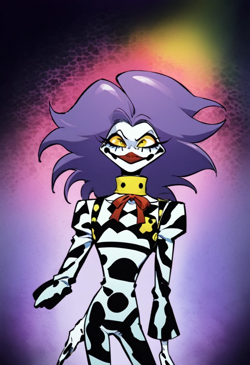 Slapstick,a cartoon Marvel Comics character,femboy,skinny,long hair,purple hair,androgynous,male focus,flat chest,white pale skin,toon,yellow eyes,a goofy physique, clown,inspired by the style of The Mask comics/Bill Sienkiewicz, 90’s comics, masterfully rendered with exceptional detail and cartoony, vivid colors, and funky lighting.