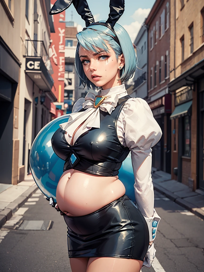 Beautiful woman is shown to have a athletic figure, she is wearing a beautiful nsfw dress, (aafranziska, light blue hair:1.5), ascot, (crop top), puffy sleeves, pencil skirt, pantyhose, black gloves, jewelry, earrings, (black bunny ears:1.4), black lips, (tears:1.4), girl standing in street, looking down, sexy session, (arms behind back:1.7), exposed cleavage, (round belly, inflated belly:1.7), cowboy shot, superior quality, many details, realistic