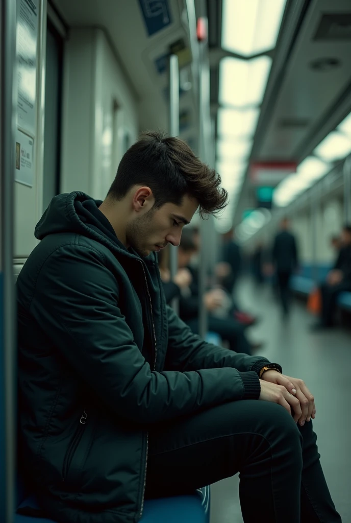 A boy age 27 he lost his girlfriend. He sat in metro station feeling very bad.