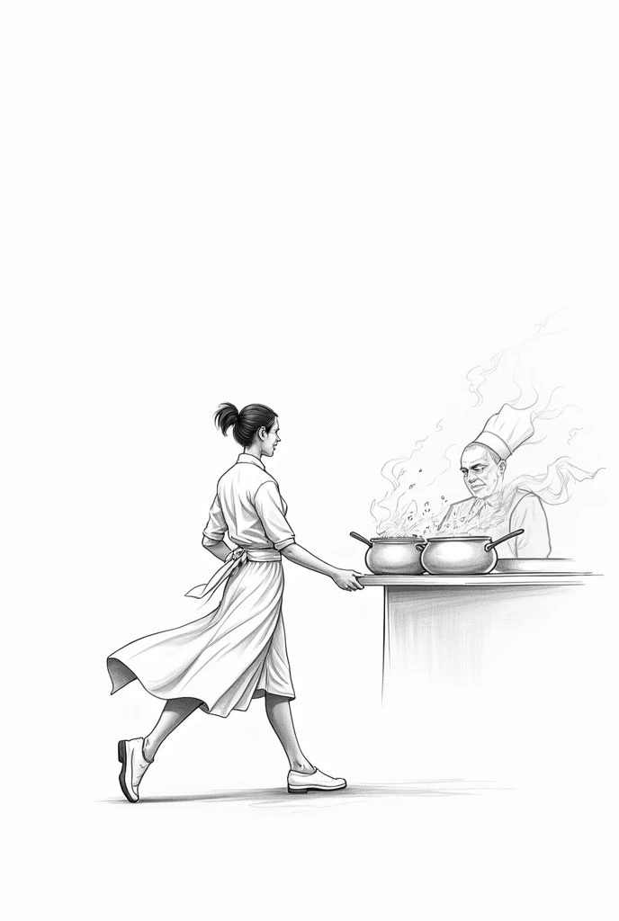 Draw me an image of a chef in the kitchen, managing a kitchen emergency. Do it in pencil or as a drawing, that is very creative yet simple. The chef should be calm, moving with calm composure.