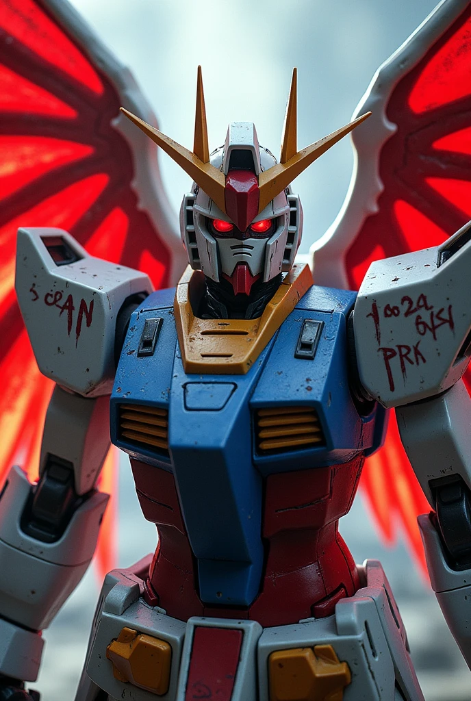 the presence of wings on the back.
Back wings are red.、Villain face shoulders and arms、the chest is blue、The rest is mostly white.
there are vertical scars like things on both cheeks.
Gundam with no face slits