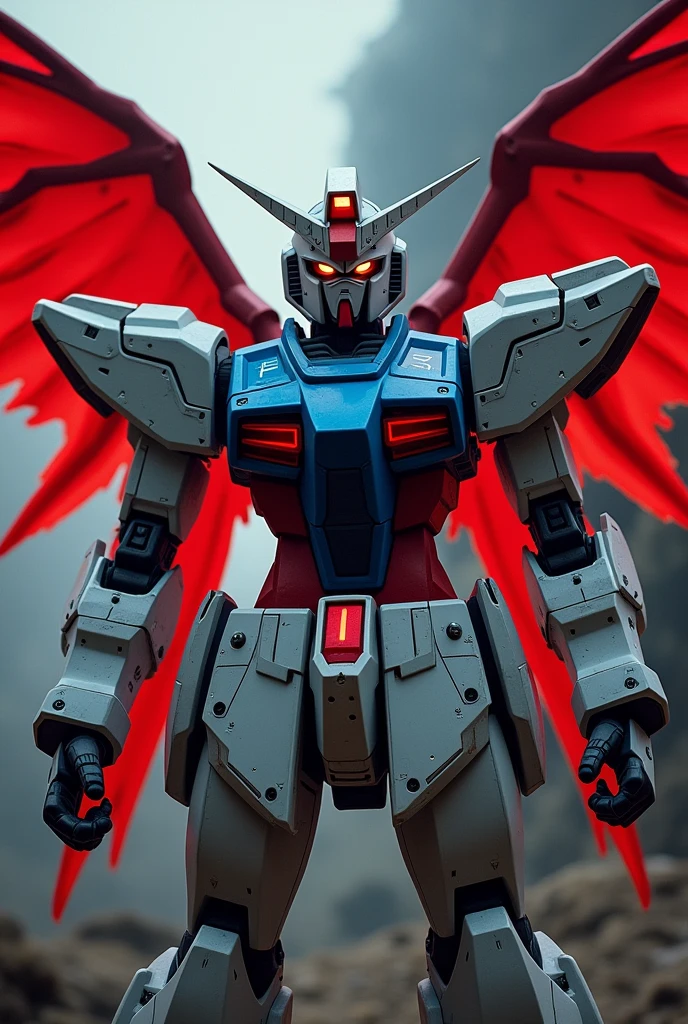 the presence of wings on the back.
Back wings are red.、Villain face shoulders and arms、the chest is blue、The rest is mostly white.
there are vertical scars like things on both cheeks.
Gundam with no face slits