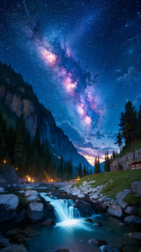universe,Starry Sky,Countless meteor showers,Mountain,summer mountain stream,Flowing Clouds,