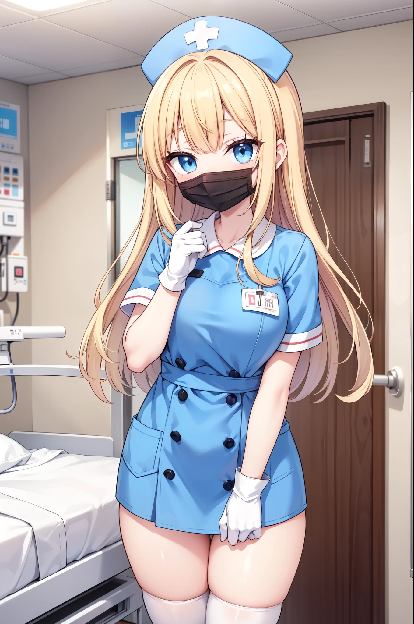 1woman, solo, nurse, white nurse cap, white nurse uniform, ((white legwear, zettai ryouiki)), white gloves, blonde hair, blue eyes, ((white surgical mask, covered nose)), standing, ((hospital room)), sharp outline, short sleeves, mature female, 35 years old, best quality, masterpiece