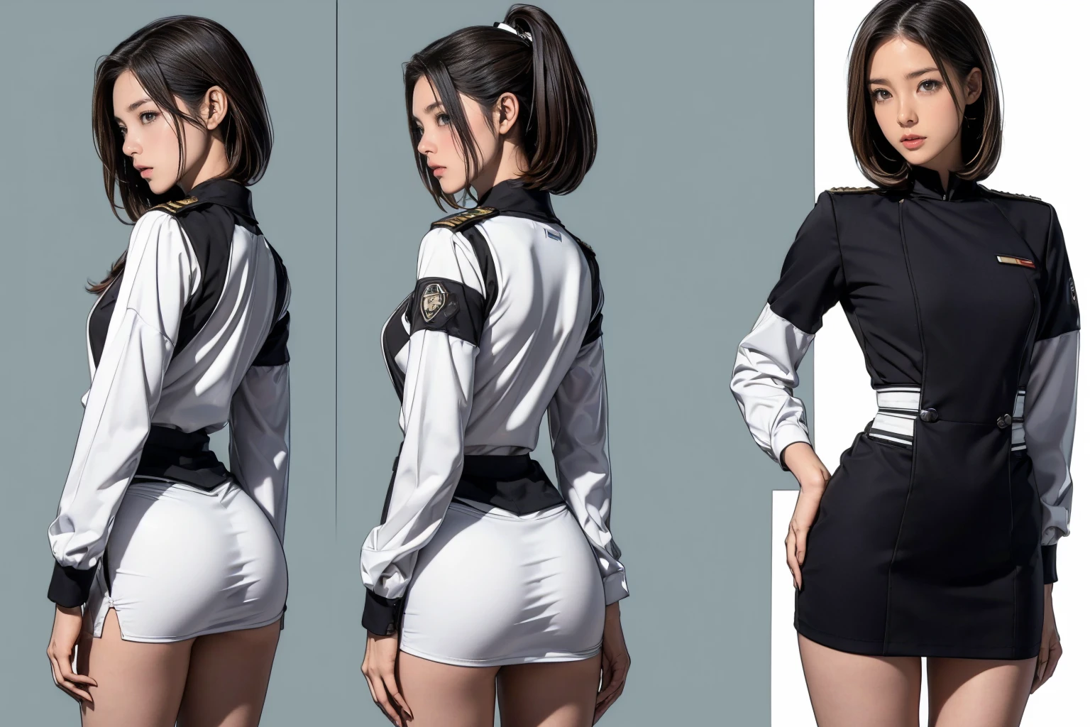 ((masterpiece)),(((Highest quality))),((Reference Sheet, Character Design, front, Rear view, Side view, color々Hairstyle, Facial Expressions)), , Cute type, (Very slim:1.4), (Very small ass:1.4), Realistic buttocks, Big Breasts, Short Bob, Thin thighs, Long legs, (A female Earth Federation officer is walking), (Wearing Earth Federation military uniform, Black and white uniform),(Worn by federal government employees'White Hat:1.5)