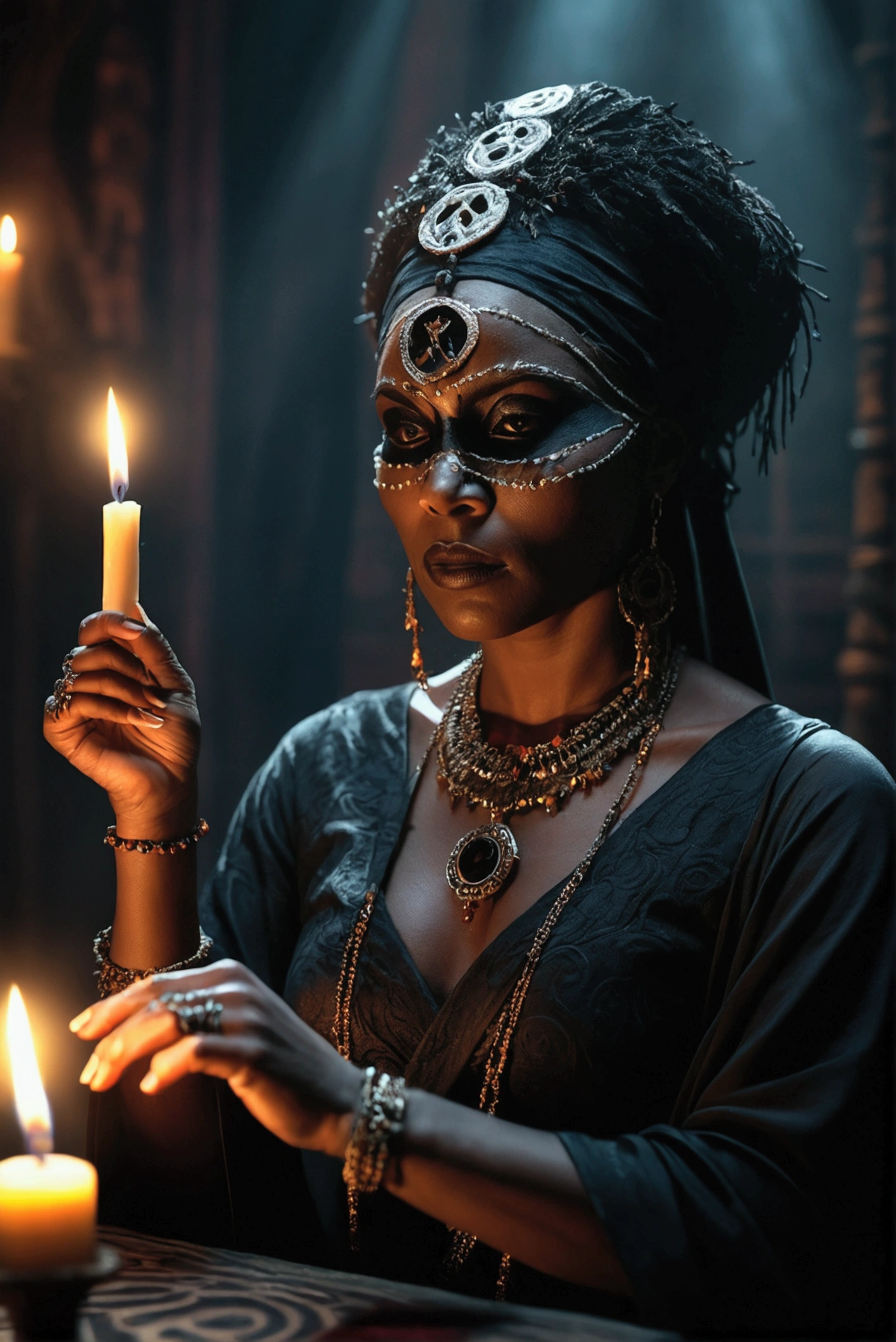 a voodoo priestess performing a ritual, black blindfold, dark mysterious ritual, occult voodoo magic, intricate ceremonial robes, dramatic lighting, moody atmosphere, supernatural powers, intense concentration, mystic symbols, ancient artifacts, (best quality,4k,8k,highres,masterpiece:1.2),ultra-detailed,(realistic,photorealistic,photo-realistic:1.37),gothic horror,dark fantasy,chiaroscuro lighting