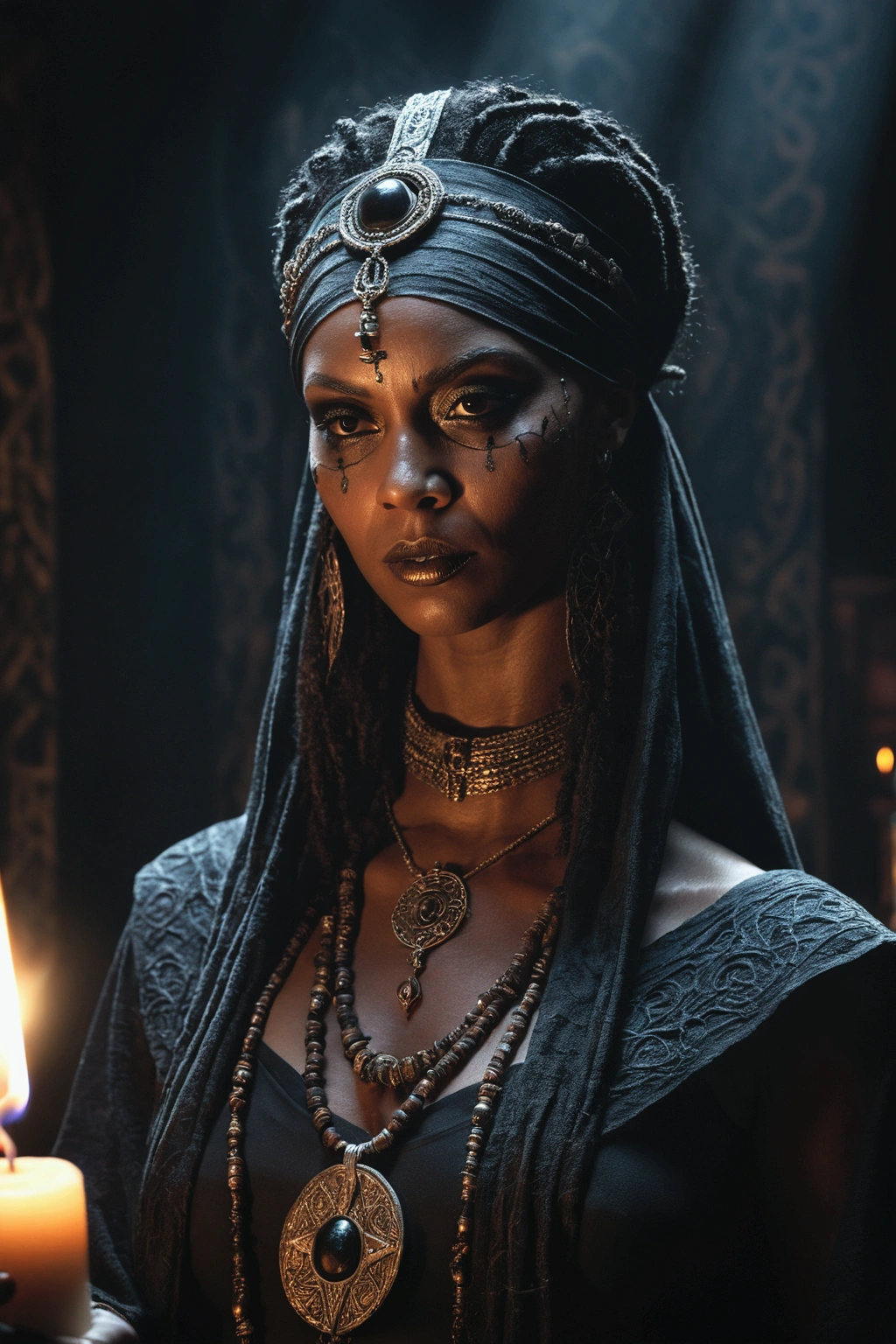 a voodoo priestess performing a ritual, black blindfold, dark mysterious ritual, occult voodoo magic, intricate ceremonial robes, dramatic lighting, moody atmosphere, supernatural powers, intense concentration, mystic symbols, ancient artifacts, (best quality,4k,8k,highres,masterpiece:1.2),ultra-detailed,(realistic,photorealistic,photo-realistic:1.37),gothic horror,dark fantasy,chiaroscuro lighting