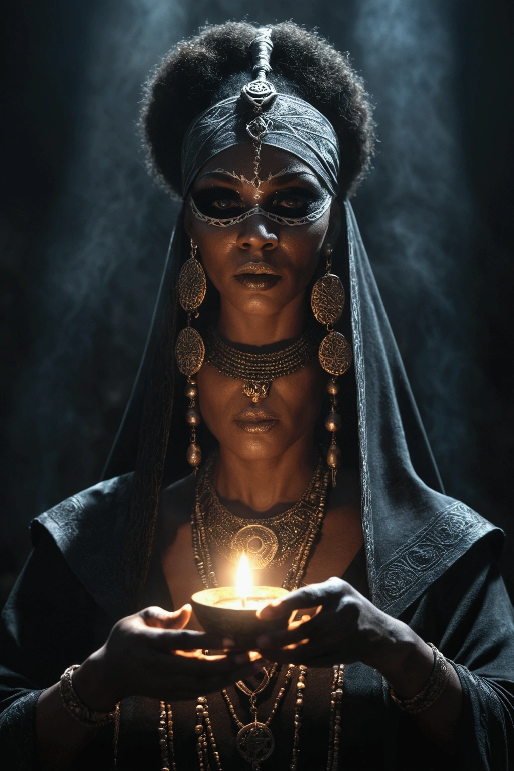 a voodoo priestess performing a ritual, black blindfold, dark mysterious ritual, occult voodoo magic, intricate ceremonial robes, dramatic lighting, moody atmosphere, supernatural powers, intense concentration, mystic symbols, ancient artifacts, (best quality,4k,8k,highres,masterpiece:1.2),ultra-detailed,(realistic,photorealistic,photo-realistic:1.37),gothic horror,dark fantasy,chiaroscuro lighting