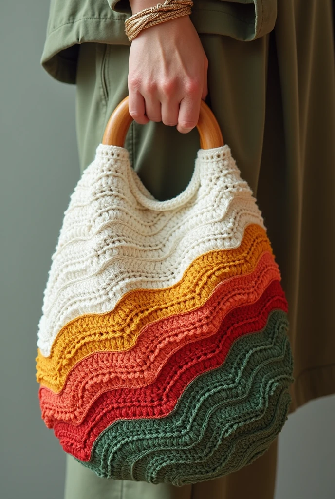 Act as designer,Create some image of unique stylish Crochets bag with wooden handle in colour combination of white ,red, green and mustard for 2025 trends
Make more professional and stylish Crochets bag with beautiful gradient pattern