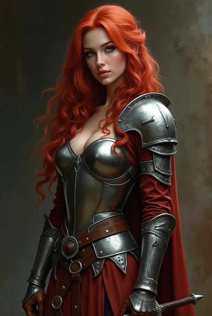 Amazons of Medieval Europe、Leather Costume、Partial metal armor、Red Hair、Sharp Eyes。Saber in hand。