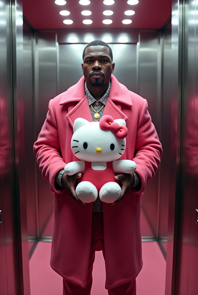 I want singer 50 cent in an elevator with a Hello Kitty stuffed animal, I want the stuffed animal to be held with both hands and 