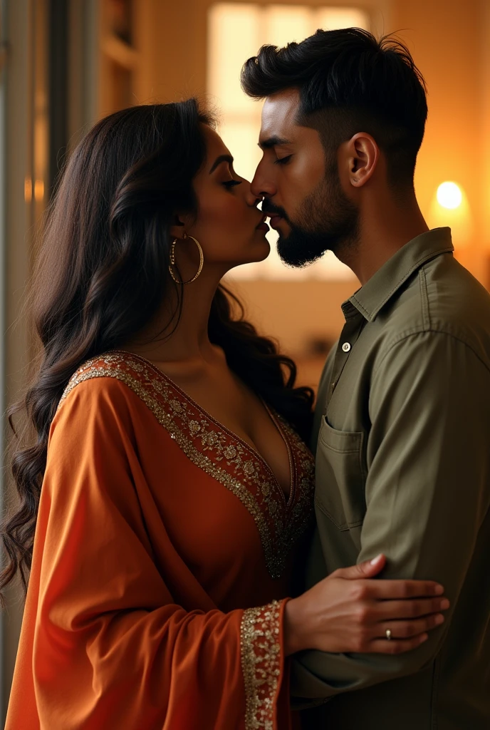 Busty indian milf with big boobs and ass kissing a muslim guy