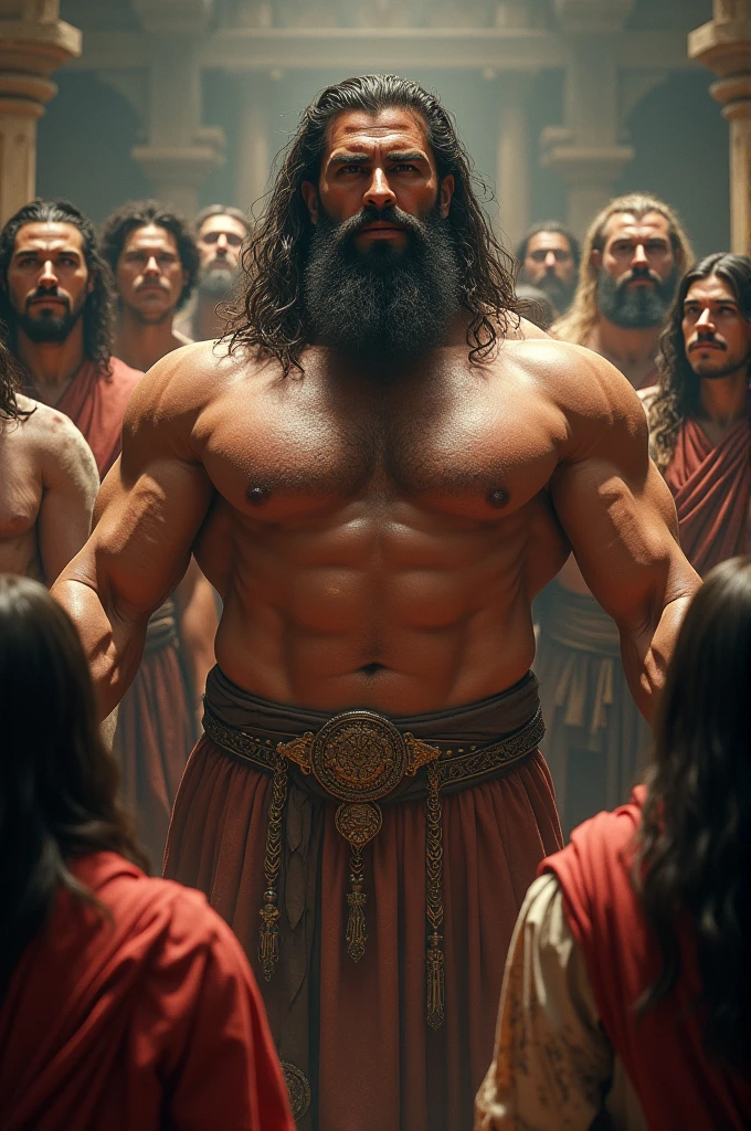 A long-haired, very muscular, bare-chested Greek man, accompanied by his followers who admire him like a god.